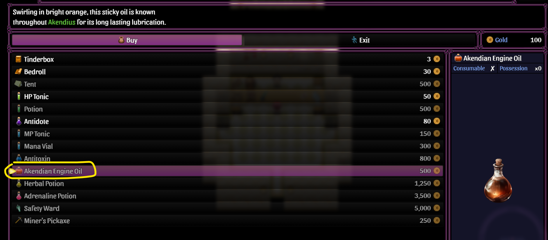 Engine Oil purchase screen